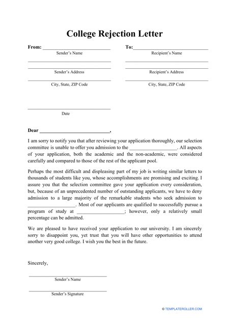 College Rejection Letter Template Download Printable Pdf Templateroller