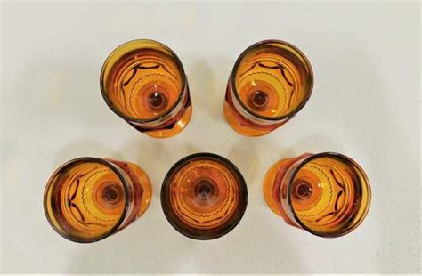 Buy The Vintage Indiana Glass Kings Crown Thumbprint Amber Goblets Set Of 5 Goodwillfinds