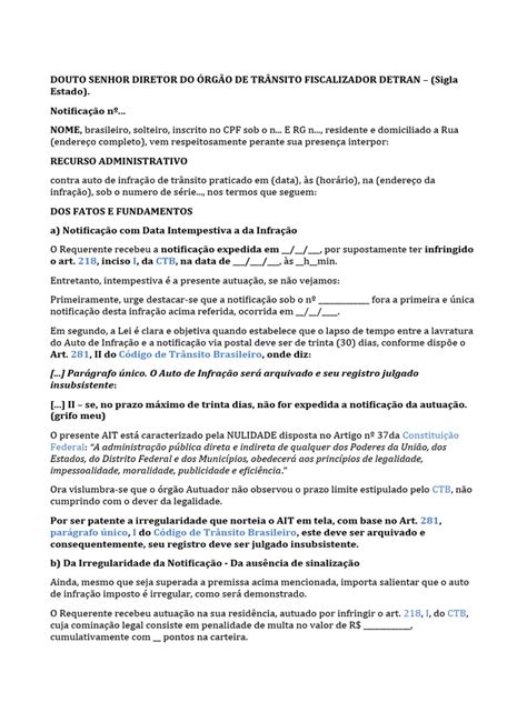 Modelo Recurso De Multa De Transito Pdf Tráfego Tempo