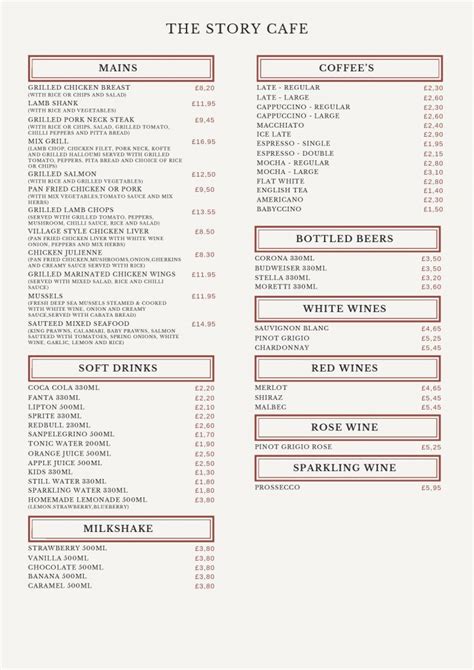 Menu The Story Caf Caffee Eatery In The Marlowes Hemel Hempstead