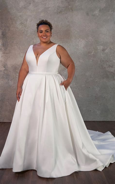 Classic Satin Plus Size A Line Wedding Dress With Deep V Neckline