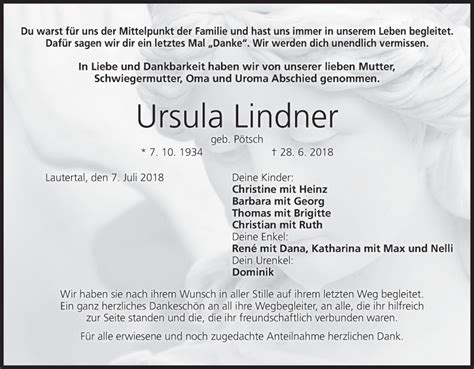 Ursula Lindner Traueranzeige Trauer InFranken De