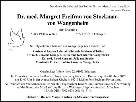 Traueranzeigen Von Margret Freifrau Von Stockmal Von Wangenheim