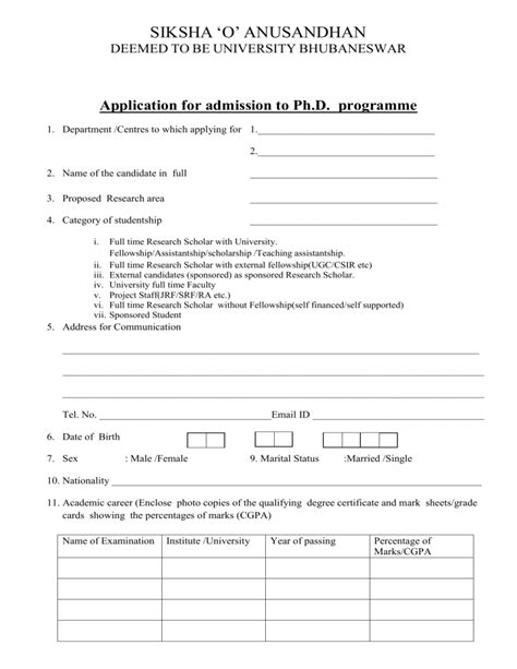 Ph D Application Form