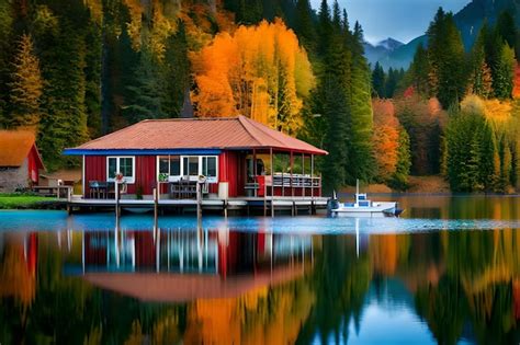 Una Casa Sobre El Agua Con Un Barco Al Fondo Foto Premium