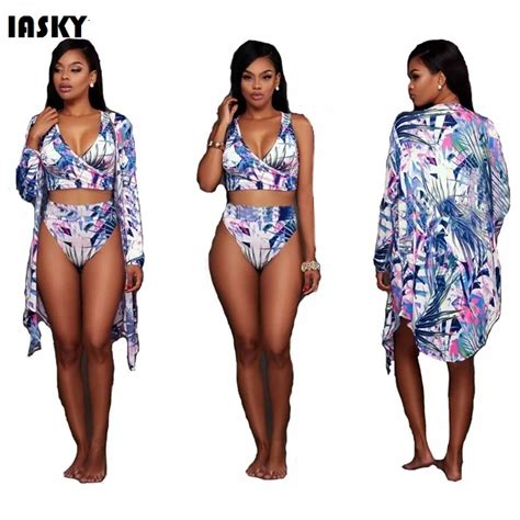 Iasky Beach Cover Ups Bikini Set Sexy Women Print Floral Pareos Tunic