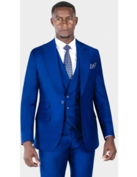 Peak Lapel 1 Button Double Breasted Vest Royal Blue Suit