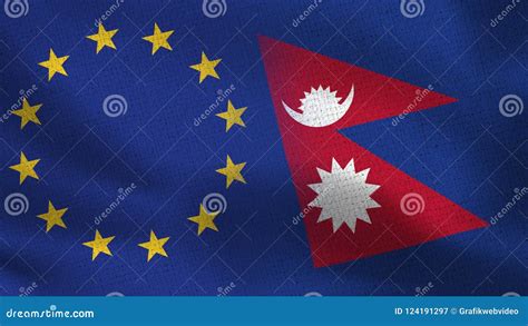 Eu And Nepal Realistic Half Flags Together Stock Illustration