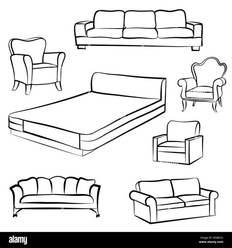 Furniture Set Interior Detail Outline Collection Bed Sofa Settee