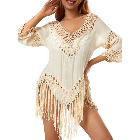 Women Swimwear Cover Up Ladies Sexy Hollow Out V Neck Irregular Tassel