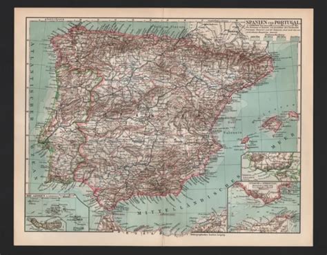 LANDKARTE MAP 1909 SPANIEN UND PORTUGAL Statistische Übersicht 13