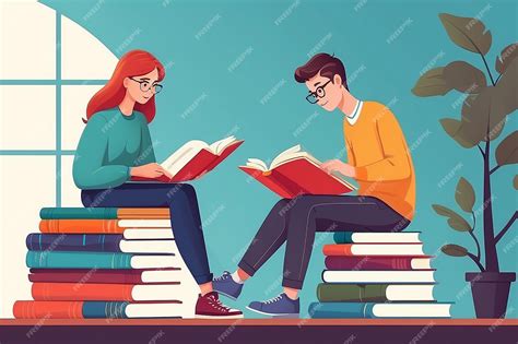 Premium Photo Man And Woman Characters Reading Books Flat People