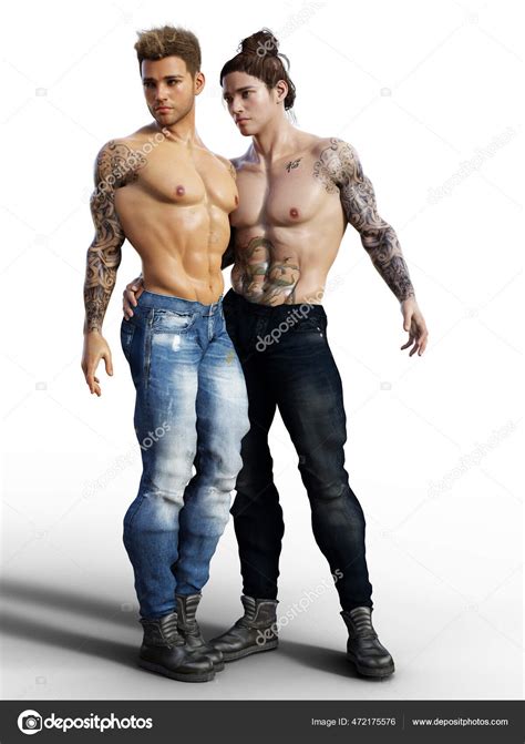 Urban Contemporary Shirtless Tattooed Gay Men Standing Watching Stock
