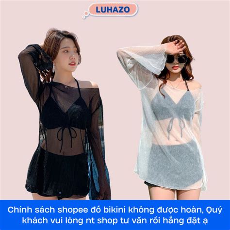 Bikini LUHAZO đi biển du lịch 3 chi tiết nữ áo rút dây có mút ngực kèm quần nhún và áo lưới kín