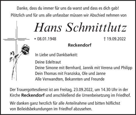 Hans Schmittlutz Traueranzeige Trauer Infranken De