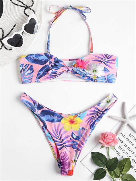 20 OFF 2020 Tropical Print Bandeau Bikini Set In LIGHT PINK ZAFUL