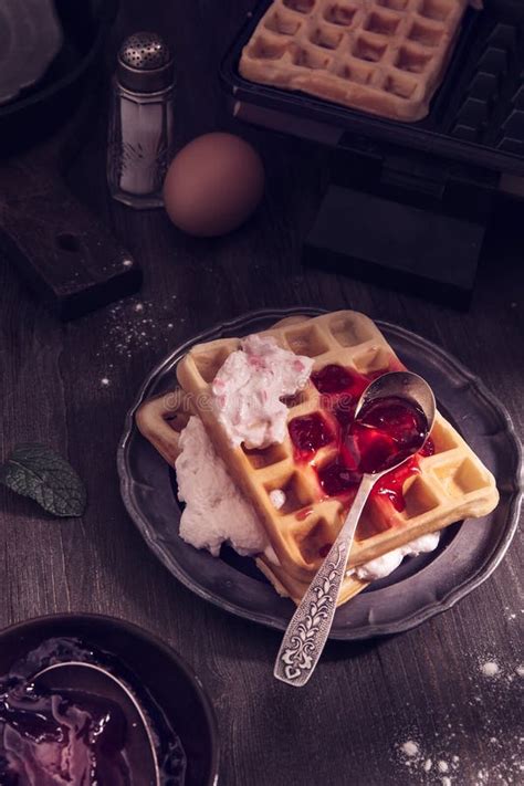 Waffles With Whipping Cream Stock Image Image Of Delicious Baked