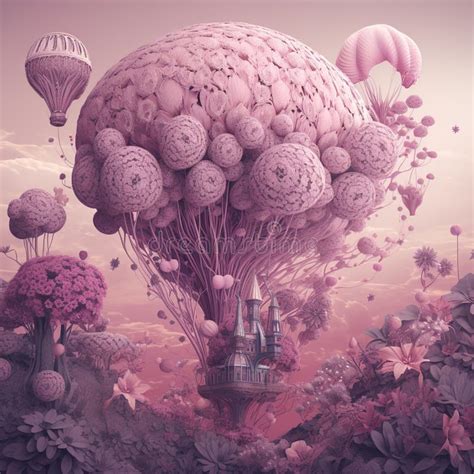 Generative Ai Pink Hot Air Balloon With Flowers And Fantasy Landscape Stock Illustration
