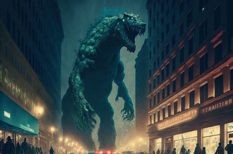 Godzilla Parado En Medio De Una Ciudad Por La Noche Ai Generativo