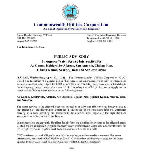 2022 Apr 13 Public Advisory Re Emergency Water Service Interruption