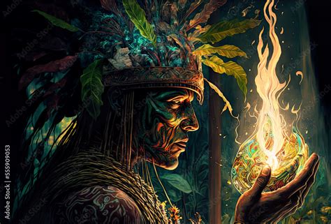 Illustration, fantasy shaman leading a holy ayahuasca ceremony ...