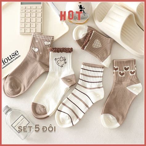 Set tất vớ nữ cổ ngắn 5 đôi nâu phối trắng họa tiết xinh xắn dễ mix đồ Hot Store Shopee Việt Nam