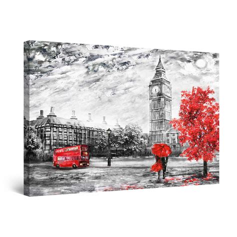 Canvas Wall Art - Abstract - Black and White London City Red Accents Painting - 60 x 90 cm - Lys ...