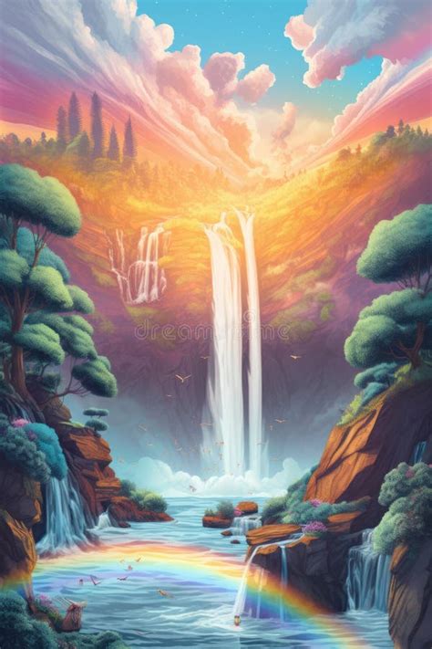 Fantasy Landscape With Rainbow Waterfalls And Trees Created Using