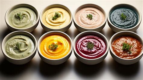 Premium Photo Set Of Different Bowls Of Various Dip Sauces Generative Ai