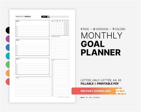 Blank Monthly Calendar Monthly Goals Goals Planner Monthly Planner