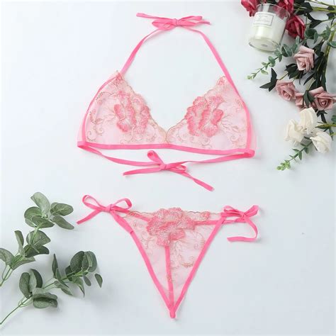 Women S Transparent Lingerie Sets Sexy Adjustable Lace Flower Embroidery G String Sexy Bra Panty