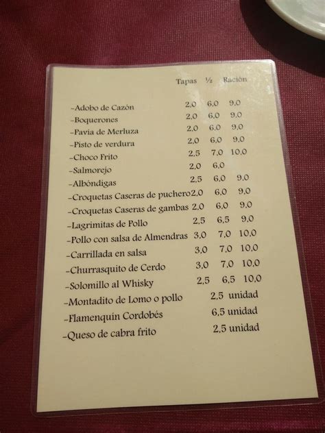 Carta De Restaurante Casa Paco Carmona