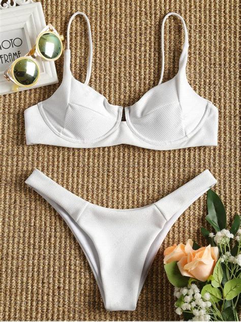 14 OFF 2019 Ribbed Underwire Bikini Set In WHITE ZAFUL