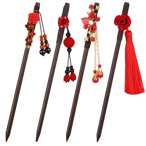 4 Pcs Retro Chinese Wooden Hairpins Handmade Vintage Flower Hair