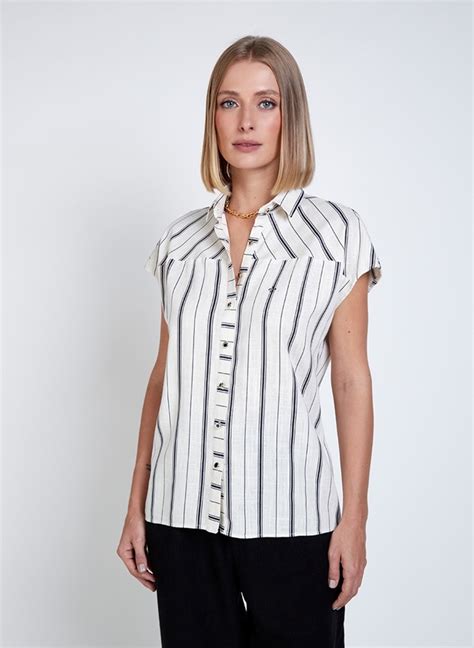 Camisa Linho Listrada Pala Frente Dudalina Feminina 68 02 0439 Camisa