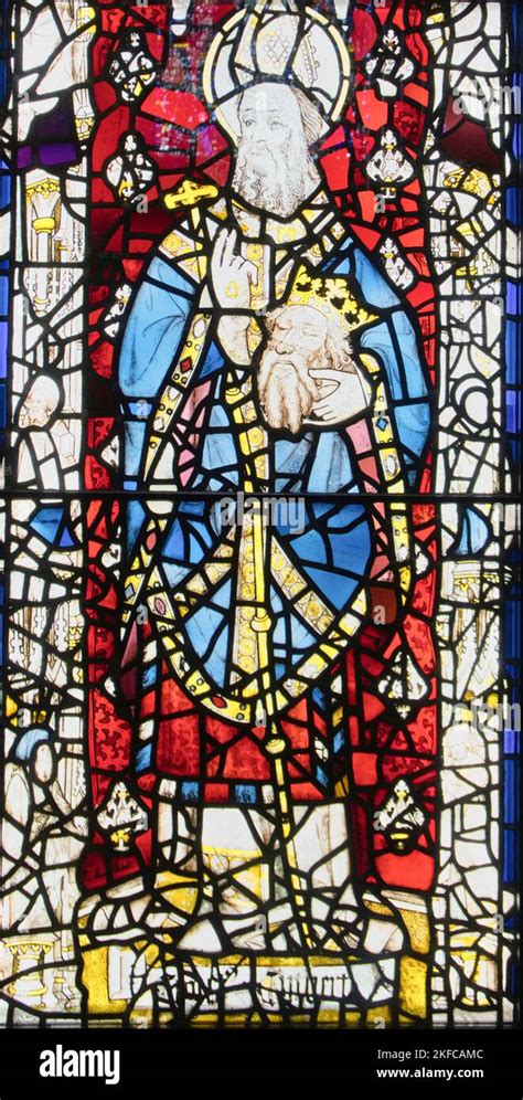 15th Century Stained Glass Panel Featuring St Cuthbert Holding The Head Of The Sainted King