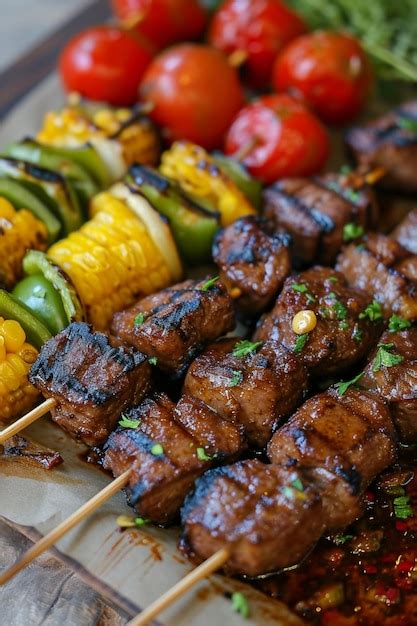 Premium Photo There Are Many Skewers Of Meat And Vegetables On A