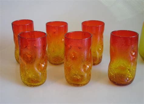 Vintage Blenko Tumblers Set Of 6 Tangerine Amberina Crackle Pinched Dimple Glass 1819332910