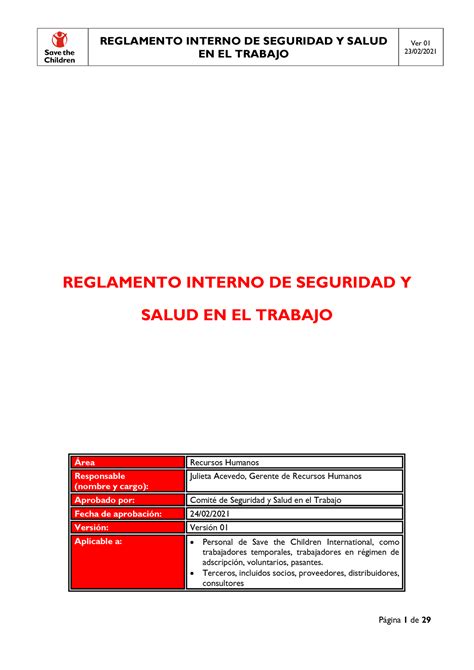 Reglamento Interno De Sst Y Cargo De Recepcion En El Trabajo Ver 01 23 02 Reglamento Interno