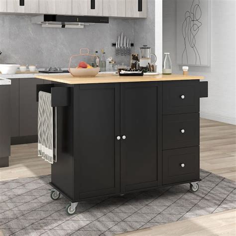 Tunuo Black Rolling Kitchen Island Cart With Rubber Wood Drop Leaf