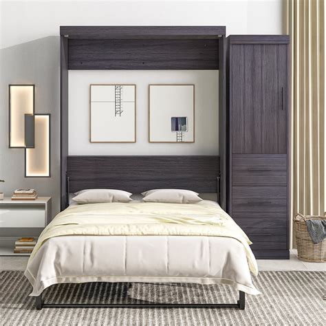 Full Size Murphy Bed, Wood Foldable Bed Frame with Wardrobe and Drawers ...