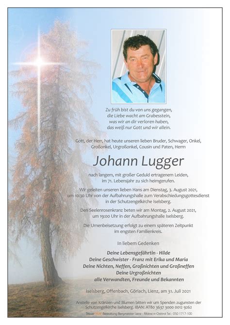 Todesanzeige Johann Lugger Trauer Link