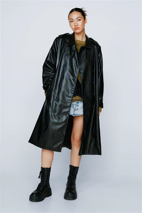 Faux Leather Belted Trench Coat Nasty Gal