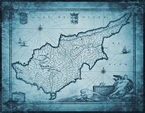 Cyprus Vintage Historical Map 1648 Ocean Blue Photograph by Carol Japp - Fine Art America