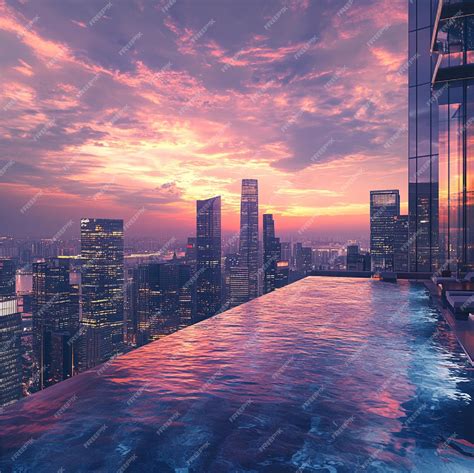 A rooftop infinity pool at a luxury hotel overlooking a bustling city