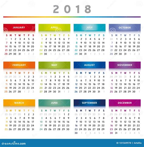 Календарь 2018 в цветах радуги - английских языках Иллюстрация вектора ...