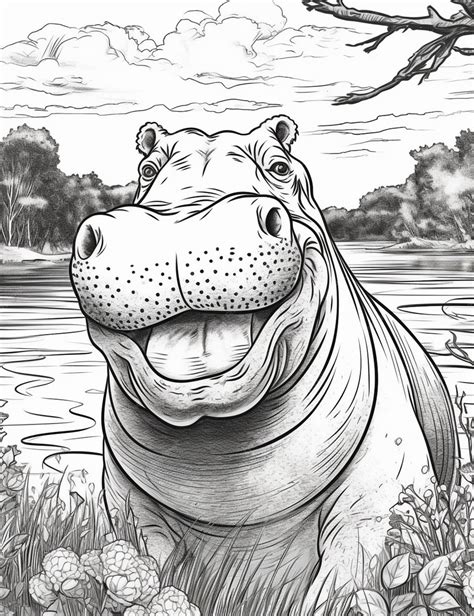 Premium Photo | A drawing of a hippo in a field with flowers and trees ...