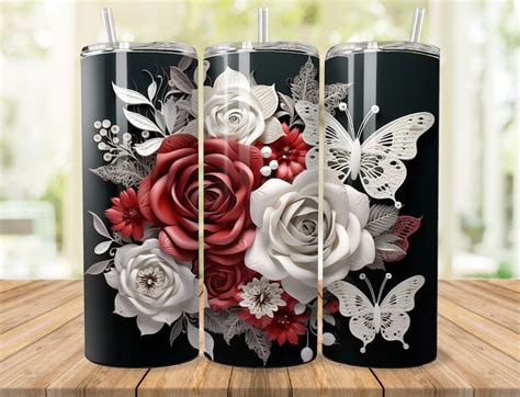 3d White Butterflies And Roses Butterfly 20 Oz Skinny Tumbler