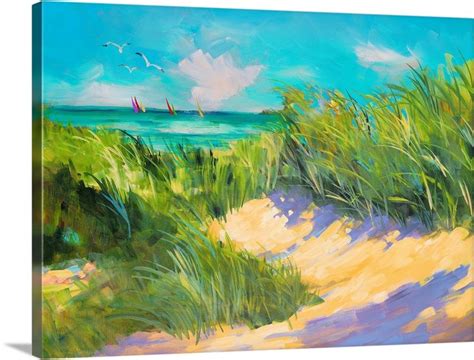 Beach Painting With Sailboats And Grass