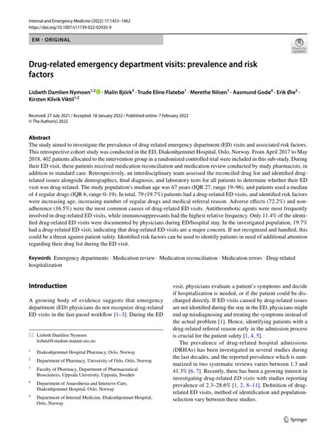 Pdf Drug Related Emergency Department Visits Prevalence And Risk Factors